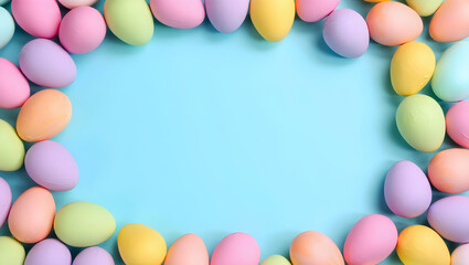 Fototapeta premium Easter Eggs Easter egg border frame on pastel blue backdrop