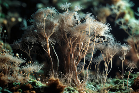 Generated artificial illustration of fungi in microscopic perspective.