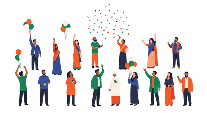 Diverse group of people celebrating with balloons and confetti festive atmosphere cultural event joy and happiness colorful traditional clothing
