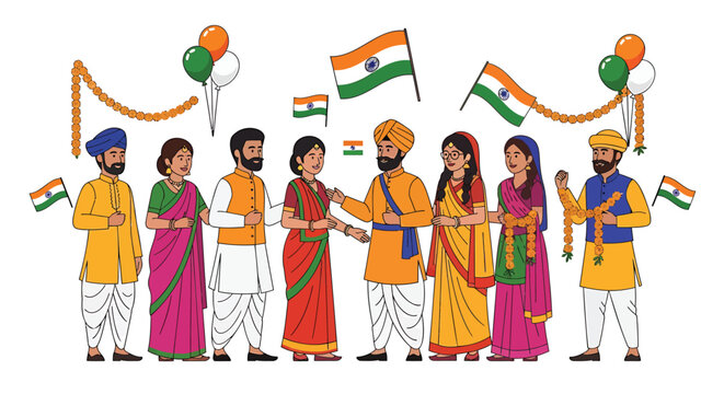 Indian people celebrating with flags and balloons in traditional dress