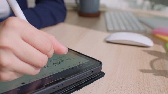 Gen Z woman uses digital tablet and stylus to journal her thoughts, reflect on goals, and practice gratitude, blending mindfulness with technology while embracing eco-conscious lifestyle