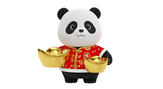 Cute Panda Wearing Traditional Chinese Clothing Holding Gold Ingots