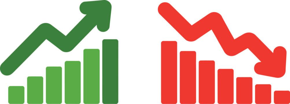 Growth trend bar chart, illustration, contrasting upward and downward graph visualization showing increase decrease performance and business analytics concept.