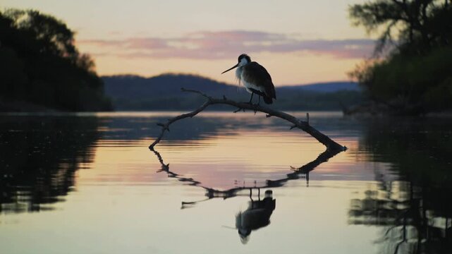 Heron perched on a tree branch over serene lake at sunset