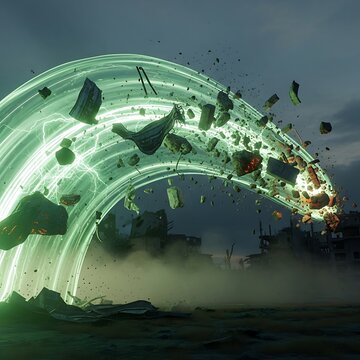 Futuristic explosion in a sci-fi landscape.