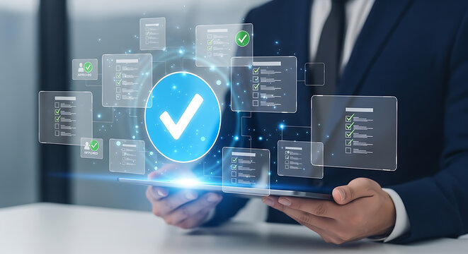 Businessman in suit holding tablet with virtual checkmark and documents floating above, symbolizing verification and approval in a modern office setting with technology