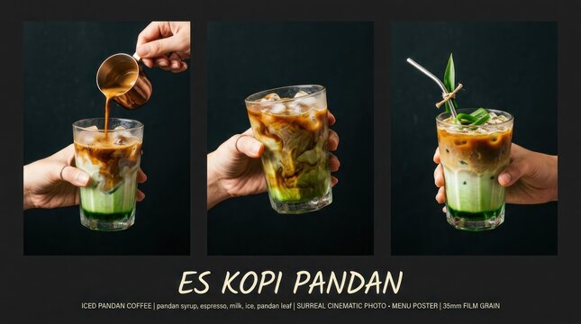 Refreshing Iced Pandan Coffee Drink Preparation in Three Stages.