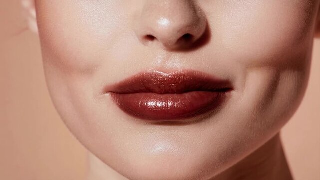 Close portrait of glossy vampire lips capturing beauty makeup and sensual aesthetic with smooth skin texture soft lighting and refined cosmetic look in studio composition