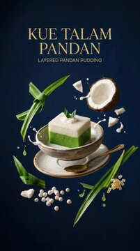 Delicious Kue Talam Pandan Dessert with Coconut and Pandan Leaves.