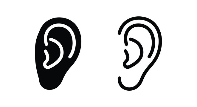 Simple black and white illustration depicting two human ears in different styles