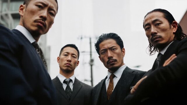 Japanese mafia group looking down at camera capturing yakuza dominance authority and organized crime hierarchy with intense expressions and powerful composition
