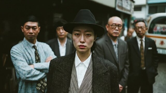 Young Japanese mafia member standing with group capturing yakuza hierarchy identity and organized crime culture with serious expression and strong presence