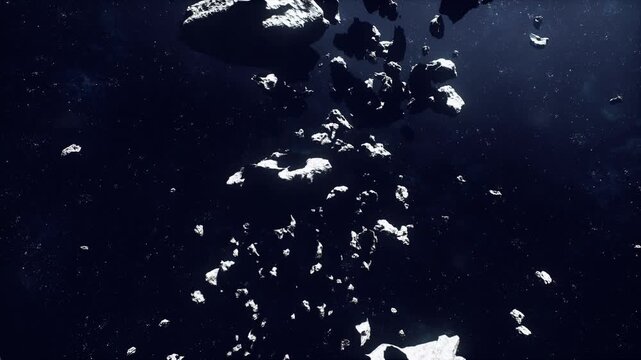 icy fragments orbiting distant blue planet with reflected starlight and passive freighter harvesting resources, crisp cold tones, sharp silhouettes