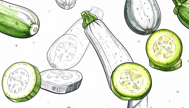 Hand drawn illustration of zucchini and sliced zucchini on white background vegetable