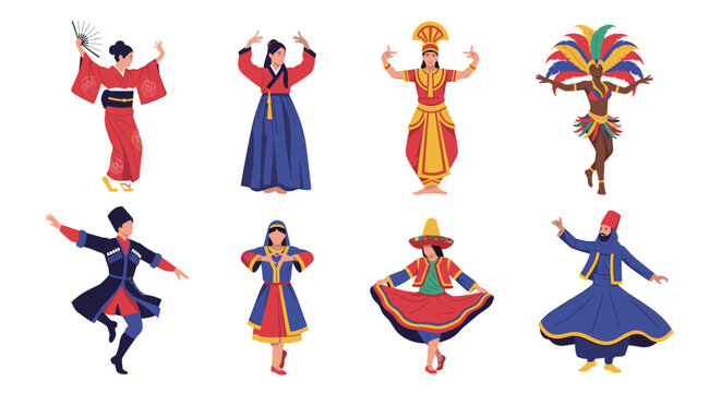 Traditional Folk Dance Collection Featuring Diverse Cultures with Dancers in Ethnic Costumes such as Kimono, Hanbok and Carnival Outfits for Celebration