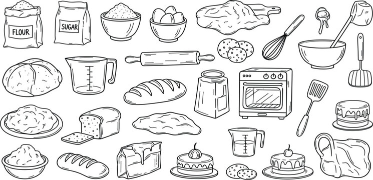 Baking and Cooking Ingredients with Kitchen Tools Hand Drawn Set Including Flour Sugar Bread Dough Oven Utensils and Pastry Items Vector Illustration Collection