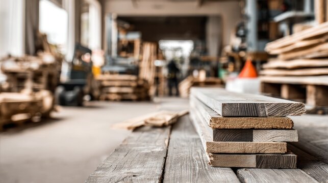 Wooden planks stacked on workbench inside workshop with blurred background