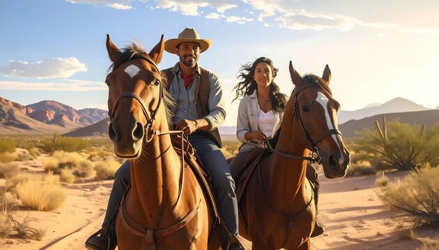 A man and woman riding horses through a desert landscape (1)