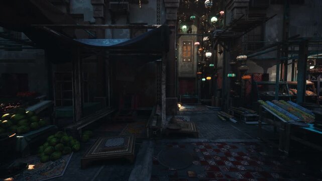 night market alley with wet stalls under neon glow, empty narrow corridor lined with produce carts and lantern light, rainslick cobblestone reflecting distant