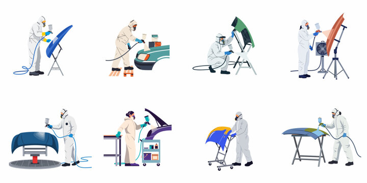 Collection of illustrations showing car painters in protective gear using spray guns to refinish various vehicle parts in an auto body repair shop.