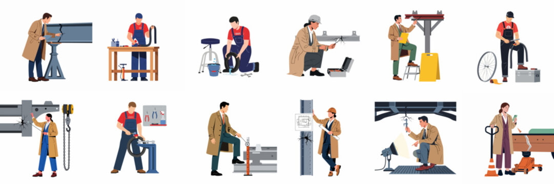Illustrations of professional inspectors and mechanics performing quality control, structural assessments, and mechanical repairs on various industrial equipment and components.
