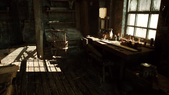 golden sunlit workshop bench with candles and jars beside bright window warm glow highlights wooden grain and scattered tools as maker returns to restoration
