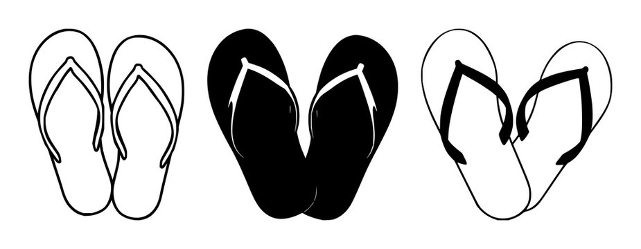 Flip flops icon set with simple black silhouette and white background featuring footwear, sandals, beachwear with iconography and design