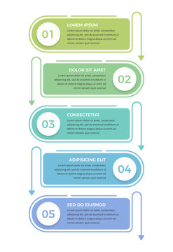 Vertical infographic with five steps, rounded blocks and arrows for workflow, process and business presentation