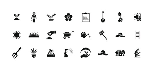 Gardening icon set with agriculture tools for farm work and planting activities including shovel rake watering can wheelbarrow sun seedling hat house farmer and greenhouse garden equipment © Fountain