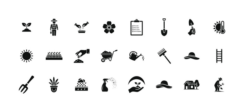 Gardening icon set with agriculture tools for farm work and planting activities including shovel rake watering can wheelbarrow sun seedling hat house farmer and greenhouse garden equipment