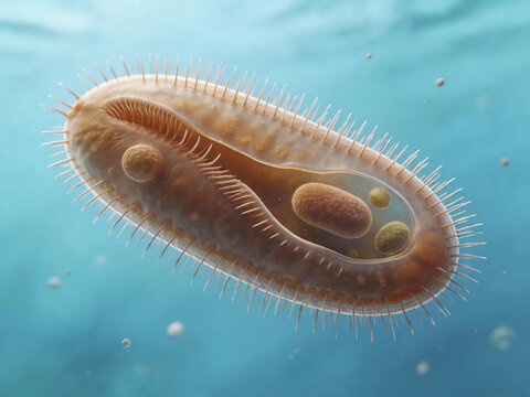 3D rendered illustrations of protozoan parasites, with detailed structures and clearly visible cilia.