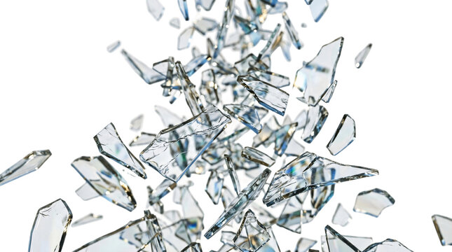 Shattered pieces of transparent glass flying through the air.