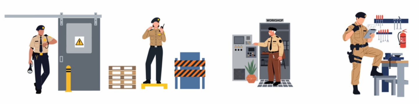 Collection of security guards in industrial and warehouse settings performing monitoring, inspection, and safety duties in professional uniforms.