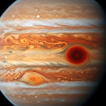 Jupiter planet with red storm clouds.