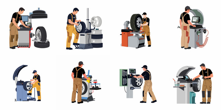 Comprehensive collection of auto mechanics performing professional tire fitting and computerized wheel balancing services using specialized workshop equipment on a white background.