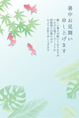 Naklejka premium Summer greeting card design with maple leaves goldfish and tropical foliage