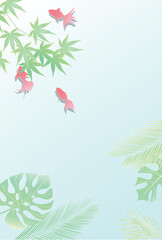 Naklejka premium Elegant Goldfish Swimming with Tropical and Japanese Maple Leaves