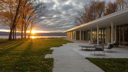 Obraz premium Modern lakeside residence at sunset with scenic landscape and dramatic lighting