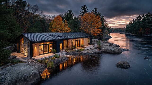 Modern lakeside house at dusk with illuminated windows and surrounding nature