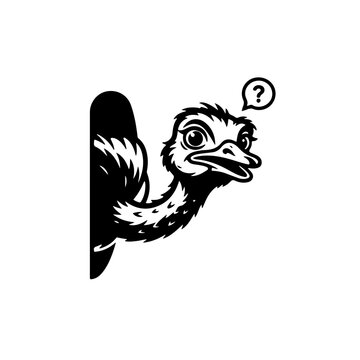 black and white icon of an ostrich peeking or looking curiously. Perfect for interactive web elements, "look here" prompts, error pages, and engaging social media graphics.
 