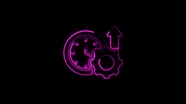 Futuristic neon pink clock face with gear mechanism and upward arrow symbolizing time management innovation and technology concept