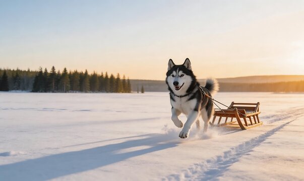 A happy husky dog pulls a sled across a snowy landscape during sunset with trees in the background