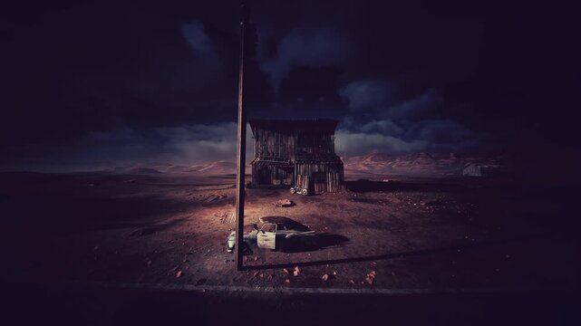 night desert shack under stormy sky, lone drifter beside lamp pole, scattered debris on sand, distant ruined horizon, moody lighting evokes isolation