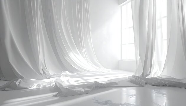 Airy room bathed in sunlight; translucent white curtains draping