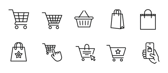 Set of ten black line representing e-commerce shopping carts bags baskets and mobile purchasing actions on a white background © Shuvo S