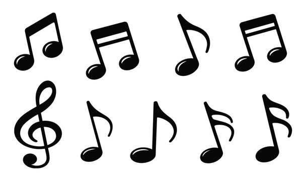 Set of eight black musical note symbols including a treble clef eighth notes sixteenth notes and quarter notes isolated on a white background for music notation and