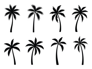 Fototapeta premium Eight black palm tree silhouettes arranged in two rows on a white background showing various tropical tree shapes with fronds and trunks in a flat style for nature and travel themes