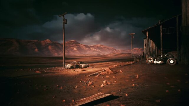 desert dusk scene weathered wooden shack and telephone pole under stormy sky, rusted wagon parts scattered across arid ground, distant mesa ridges bathed in low