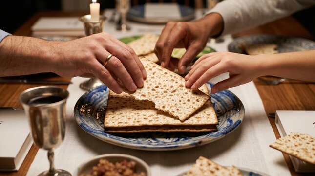 Passover Seder Breaking Matzah with Family and Friends