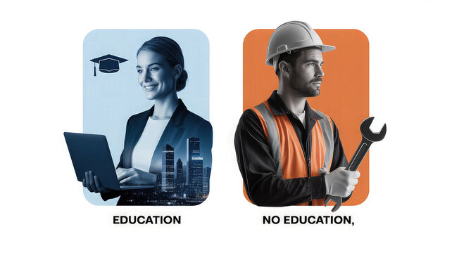Professional woman with a laptop and a manual laborer with a wrench are compared in a conceptual split-screen design representing the different potential outcomes of academic and vocational education.